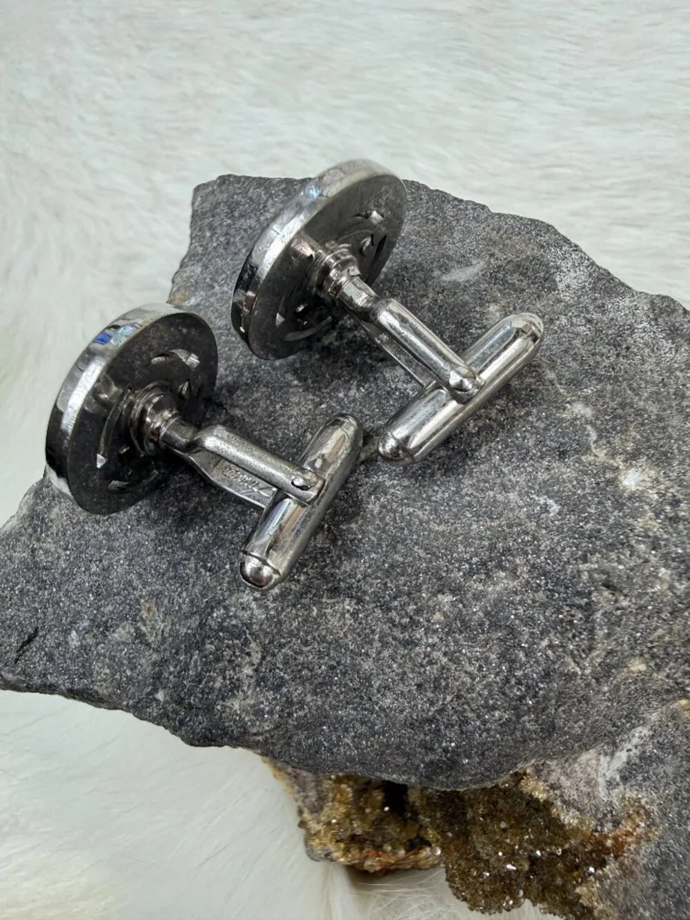 Vintage Anson Black Glass Oval Silver Tone Cuff Links Cufflinks MCM .75